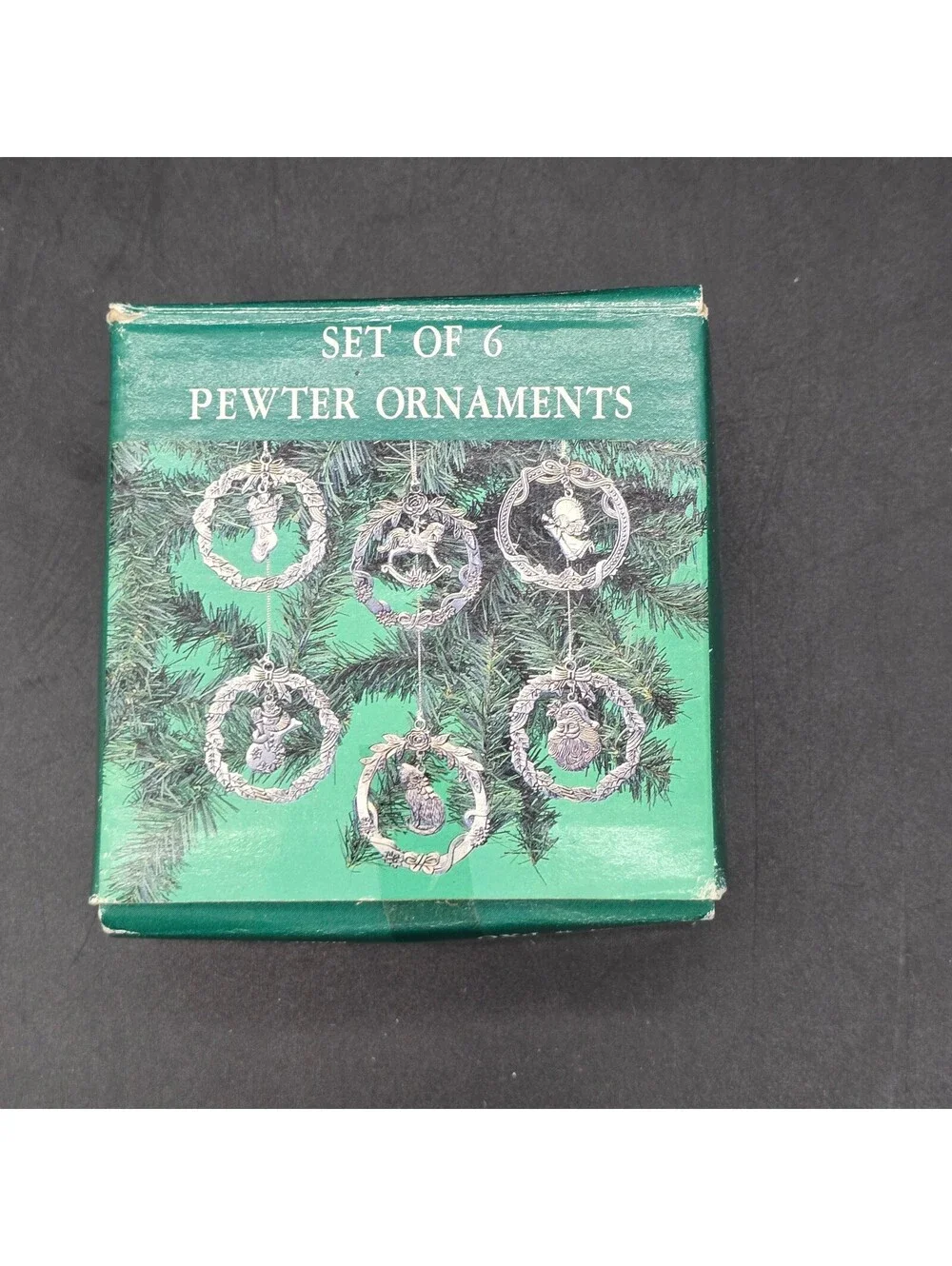 Vintage Christmas Pewter Ornaments Set of 6 Wreath Angel Rocking Horse Cat Box